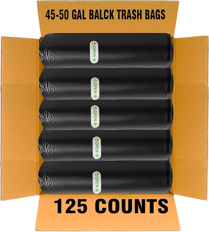 40-45 Gallon Lawn & Leaf Trash Bags, 125 Count Bulk, Black Garbage bags, Multi-purpose Trash Can Bin Liners for Home Commercial, Outdoor, Construction, Industrial