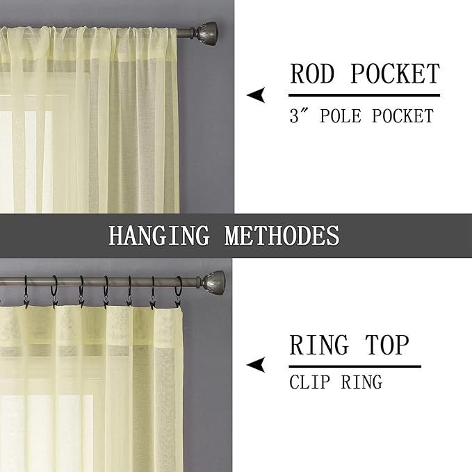 Tollpiz Short Sheer Tier Curtains Linen Textured Half Kitchen Curtain Sheers Light Filtering Rod Pocket Voile Small Curtain for Bathroom, 25 x 24 inches Long, Transparent Yellow, Set of 2 Panels
