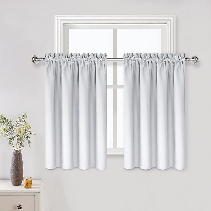 DWCN White Short Room Darkening Curtains for Kitchen/Bedroom, 42 x 36 inches Long - Energy Saving Window Drapes for Nursery with Rod Pocket, Set of 2 Panels