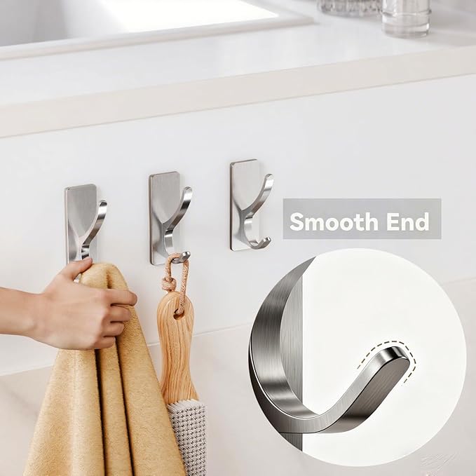Self Adhesive Coat Hooks for Hanging: Heavy Duty Stainless Wall Hook for Towel, Backpack, Hat, Sturdy Metal Hanger for Bathroom, Bedroom, Door, Brushed Nickel 10 Pack