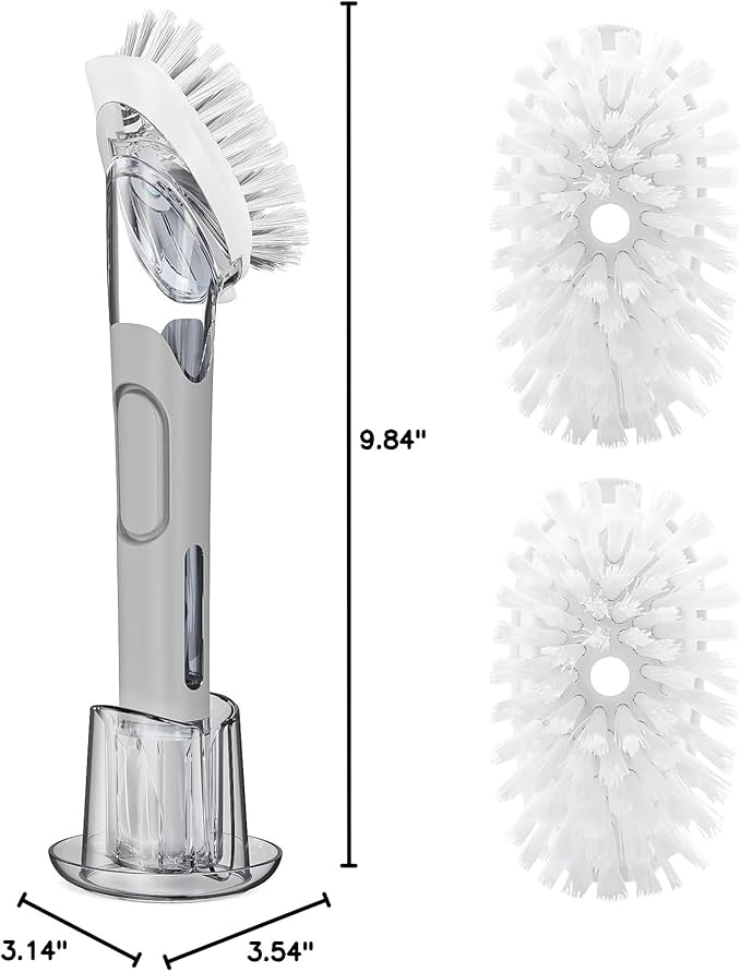 Soap Dispensing Replacement Dish Brush Storage Set with 2 PCS Brush Refills & Holder - RIMAY Dispenser Scrub Cleaning Scrubber Kitchen Dishwashing Dish Wand Handle for Dishes/Pans/Pots/Sink(Grey)