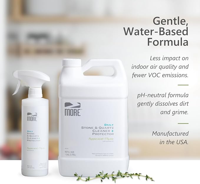 MORE Stone & Quartz Cleaner + Protector - Granite, Quartz & Marble Cleaner - For Kitchen & Bathroom Countertops - Water-Based Surface Spray - Peppermint-Thyme Essential Oil - Pint + Gallon Bundle