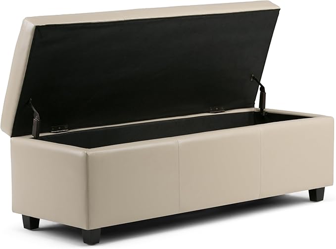 SIMPLIHOME Avalon 48 inch Wide Contemporary Rectangle Storage Ottoman Bench in Satin Cream Vegan Faux Leather, Assembled, for the Living Room, Entryway and Family Room