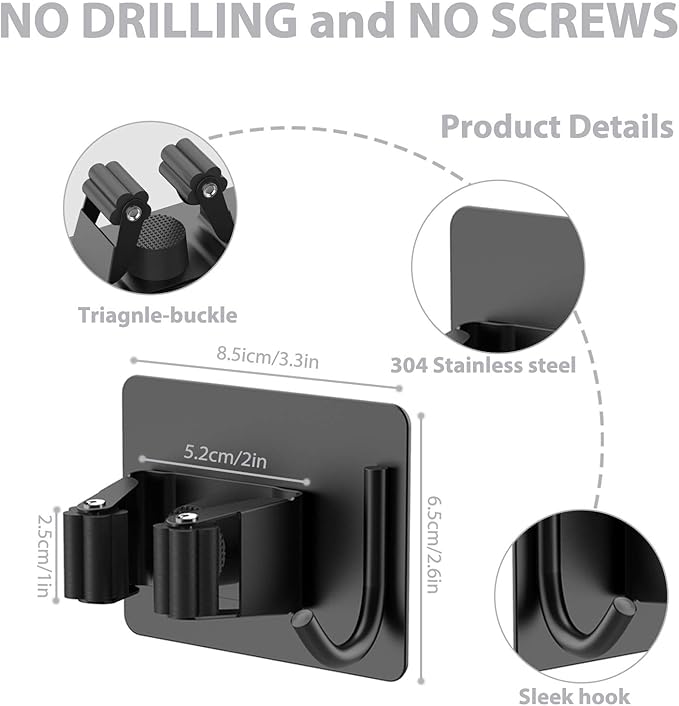 Mop Broom Holder No Drill, Mop Broom Organizer Wall Mounted Heavy Duty with Hooks Hanger, Self Adhesive Stainless Steel 6Pcs for Bathroom, Kitchen, Office (Black)