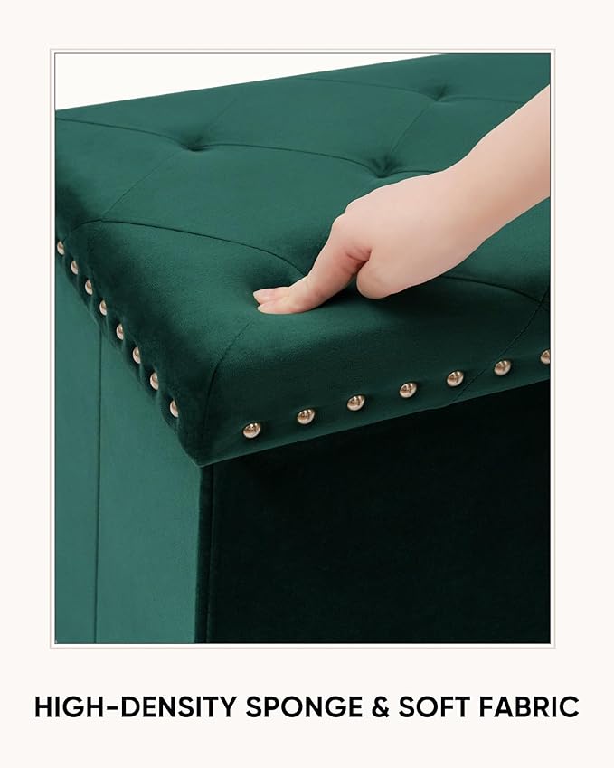 Velvet Storage Ottoman Bench, 43.3" Folding Ottoman with Rivet Trim, Heavy-Duty Upholstered Entryway Bench, Sturdy Footrest and Seat for Bedroom, Living Room, Holds up to 660 LBS, Green
