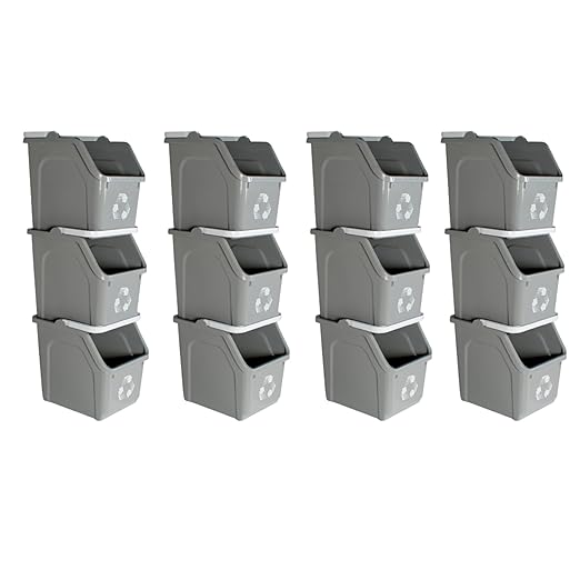 6 Gallon Stackable Recycling Bins for Homes, Garages, Offices Made of 100% Recycled Plastic - (Grey, 12 Pack)