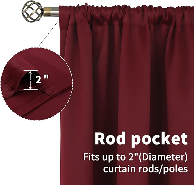 BGment Burgundy Blackout Curtains 54 Inch Long for Bedroom - Rod Pocket Thermal Insulated Room Darkening Window Drapes for Basement Kitchen Bathroom Cafe, 42 x 54 Inch, 2 Panels