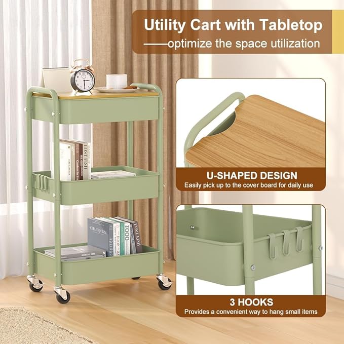 3 Tier Metal Utility Cart, Rolling Storage Cart with Wooden Tabletop, Metal Organizer Cart with Lockable Wheels for Office, Bedroom, Kitchen and Living Room (Green)
