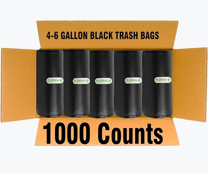 4-6 Gallon Trash Bags, 1000 Count Bulk Value Pack Black Garbage bags, Multi-purpose Trash Can Bin Liners for Bathroom, Office, Industrial, Commercial, Janitorial, Municipal, Recycling