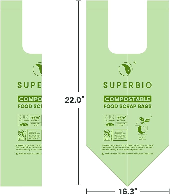 SUPERBIO 2.6 Gallon Compostable Bags with Handles, 100 Count,1 Pack, Food Scrap Bags Certified by BPI and OK compost INDUSTRIAL, 9.84L