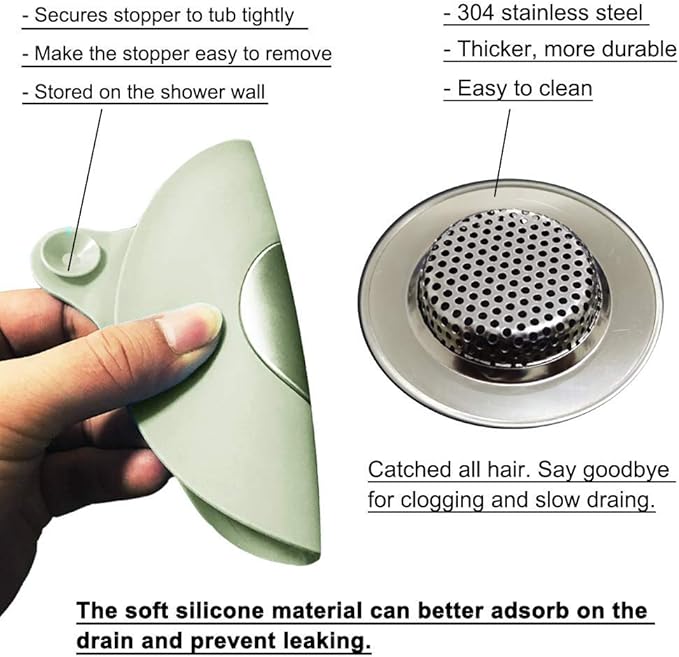 2PCS Bathtub Stopper Hair Catcher Kit, Bathtub Drain Strainer, Tub Stopper Plug Cover, Sink Filter, Silicone Drain Stopper for Bathroom, Laundry (Grey)