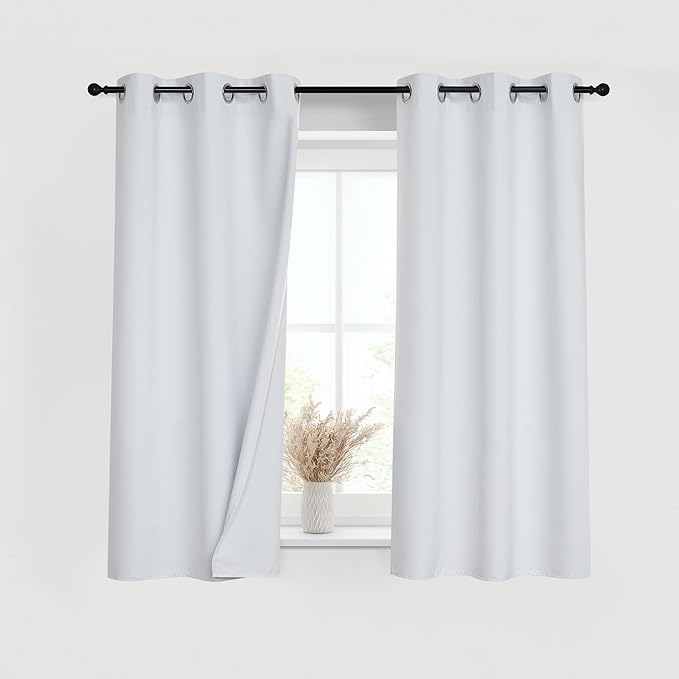 PONY DANCE White 100% Blackout Short Curtains for Kitchen Over Sink 45 inch Long 2 Panels Set, Black Out Small Window Curtains for Bathroom, Thermal Insulated Half Window Cafe Drapes, 42" W x 45" L