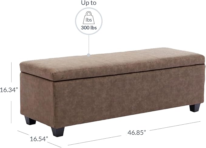 BELLEZE Storage Faux Leather Ottoman, 47 Inch Bench Bedroom Bench with Safety Close Hinge, Extra Long Ottoman with Storage for Living Room, Entryway, Foot Rest, Support 300lbs - Rustic Brown