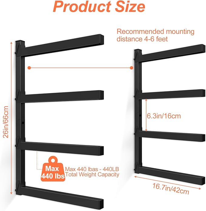 NANANARDOSO Wall Mount Wood Organizer and Lumber Storage,Heavy Duty Metal Shelf with 4-Level,Lumber Metal Racks for Indoor and Outdoor Use,4 Pack