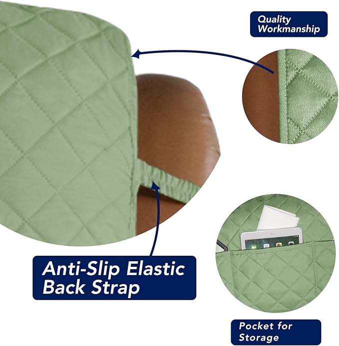 PureFit Reversible Quilted Sofa Cover, Water Resistant Slipcover Furniture Protector, Washable Couch Cover with Non Slip and Elastic Straps for Kids, Dogs, Pets (Oversized Recliner, Sage Green/Ivory)
