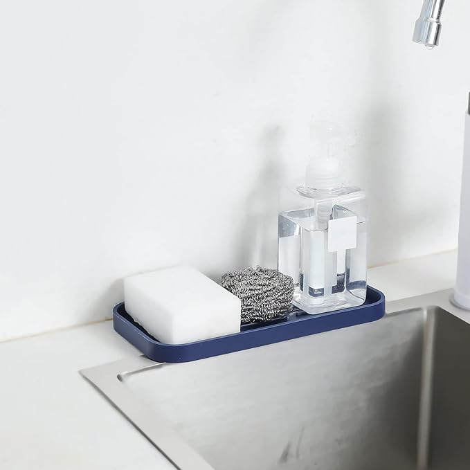 Silicone Kitchen Sink Organizer Tray for Multiple Usage,Eco-Friendly Sponges Holder for Kitchen Bathroom Counter or Sink,Dish Soap Dispenser,Scrubber,Bottle,Cup (Navy Blue, 10"×5.3")