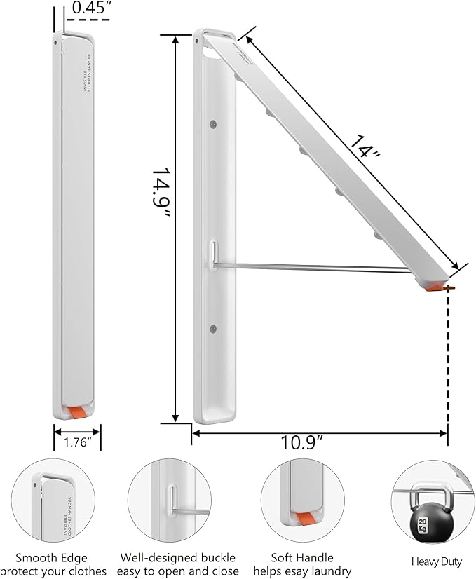 Dr.DJ Clothes Drying Rack, Wall-Mounted Retractable & Foldable Clothes Hanger for Laundry Room Organization and Storage, Clothes Hanger Rack for Dorm, Closet, Balcony(1 Pack, White)