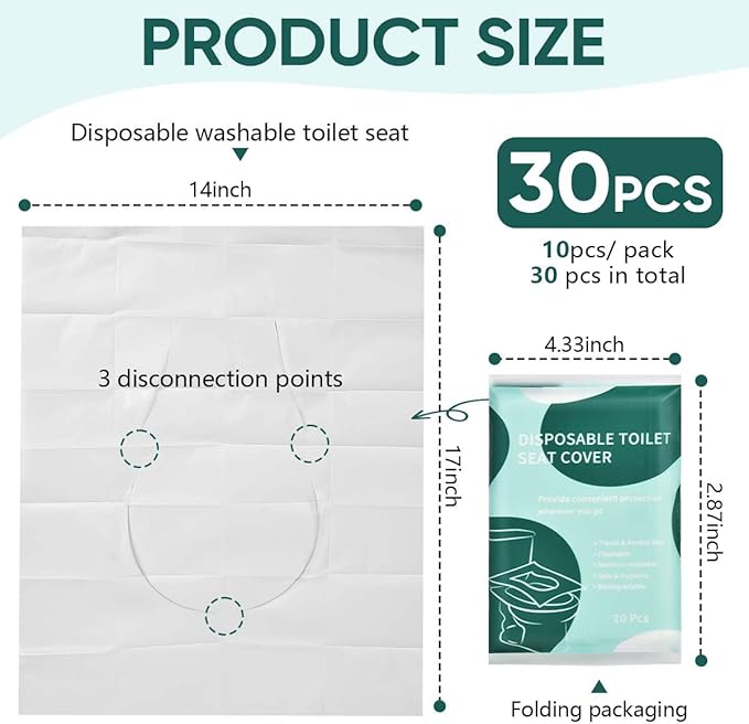 30 Pcs Disposable Flushable Paper Toilet Seat Covers Travel Supplies Essentials for Airplane, Public Restrooms, Bathroom, Hotels, Camping, Kids or Adults
