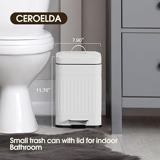 CEROELDA Small Trash Can with Lid-5L/1.3 Gal, Stainless Steel Outdoor Dog Poop Garbage Can-Farmhouse Retro Metal Waste Bin w/Step Pedal for Bathroom Bedroom Office-Soft Close-White