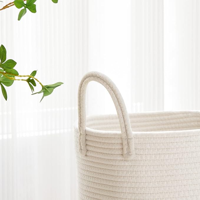 VIPOSCO Large Laundry Hamper, Tall Woven Rope Storage Basket for Blanket, Toys, Dirty Clothes in Living Room, Bathroom, Bedroom - 72L White