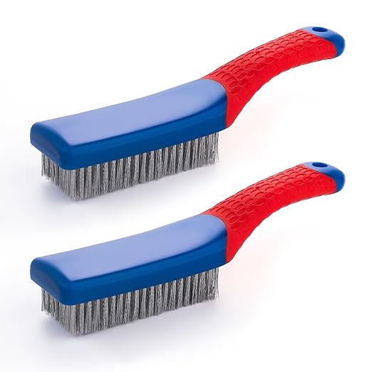 Wire Brushes 2 Pcs Steel Brushes Heavy Duty Carbon Steel and Stainless Steel Wire Scratch Brush with Rubber Ergonomic Handle (16x3.5cm)