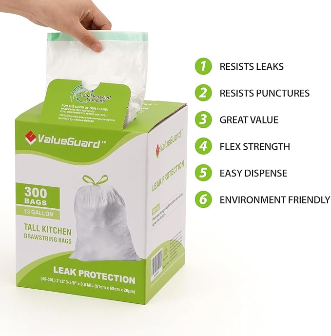 Large Trash Bag 13 Gallon Tall Drawstring 100% Post-Consumer Recycled Garbage Bag Waste Bag for Kitchen Office 0.8 Mil (300 Count)