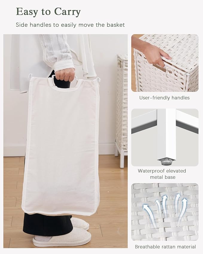 Laundry Hamper with Lid 132 L, (35 Gallons) Clothes Hamper with Lid, Handwoven Rattan Laundry Hamper with Metal Heightened Feet, Laundry Hampers with 3 Removable Liner Bags for Laundry-White