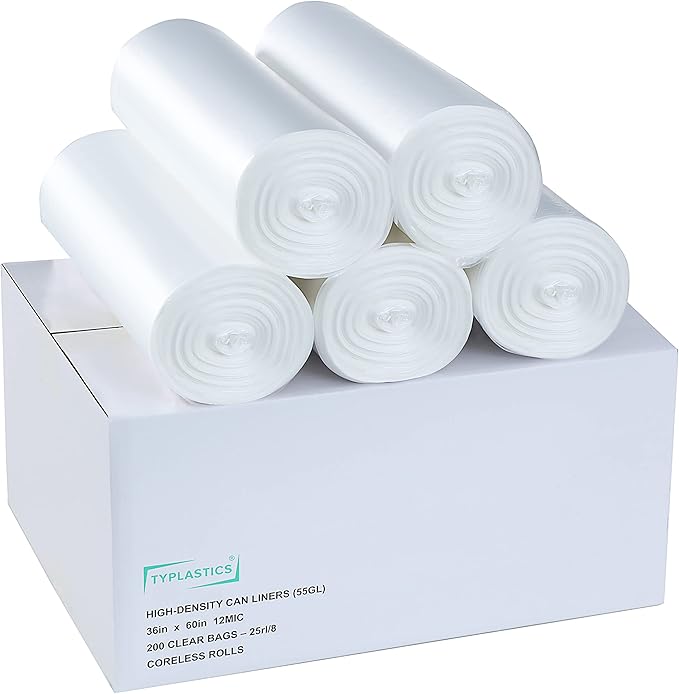 TYPLASTICS 55 Gallon Clear Trash Can Liners - 36" x 60" - High Density Garbage Bags - Case of 200 - Multipurpose for Office, Outdoor, Recycling, Industrial and Commercial