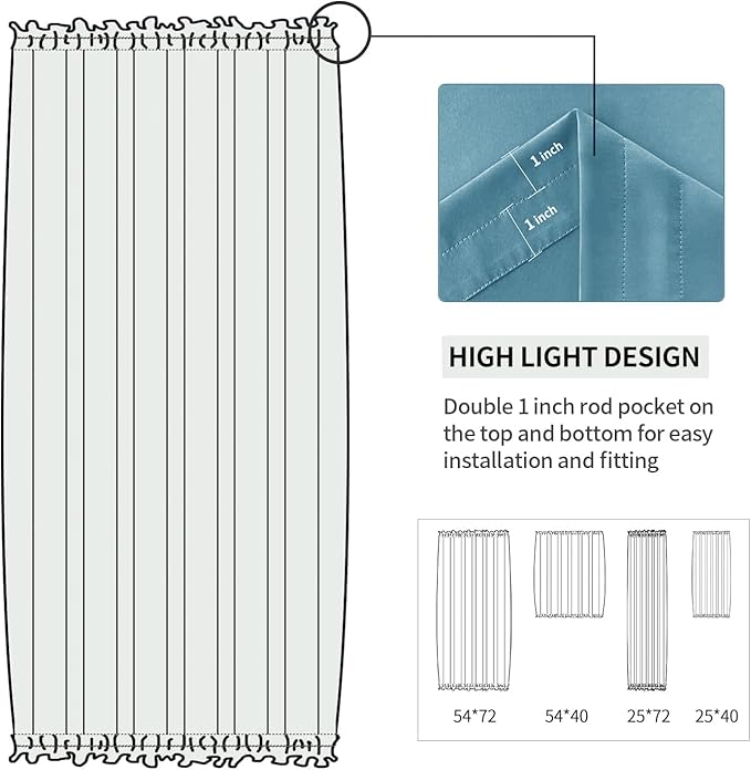 DWCN French Door Curtains – Rod Pocket Thermal Blackout Curtain for Window/Patio Doors/Doorways/Classroom/Kitchen for Privacy, 25W by 72L Inches, 1 Panel with Tieback, Stone Blue