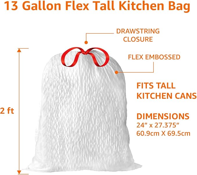 Amazon Basics Ultra-Force Tall Kitchen Drawstring Trash Bags, Lavender Scented, 13 Gallon, 80 Count, Pack of 1