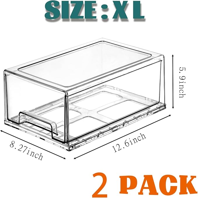 PeJeyiee Clear Stackable Refrigerator Organizers and Storage Drawers - Pull-Out Fridge Bins with Anti-Slip Base & Easy Clean, Plastic Organizers for Kitchen Pantry Cabinet Closet ﻿ (2XL)