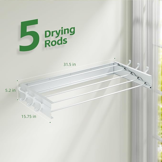 Wall Mounted Drying Rack 31.5", Foldable Clothes Drying Rack with 6 Towel Hooks and 5 Rods for Hanging Clothes, Space Saving Laundry Rack for Indoor Outdoor Bathroom Balcony Laundry Room(31.5")