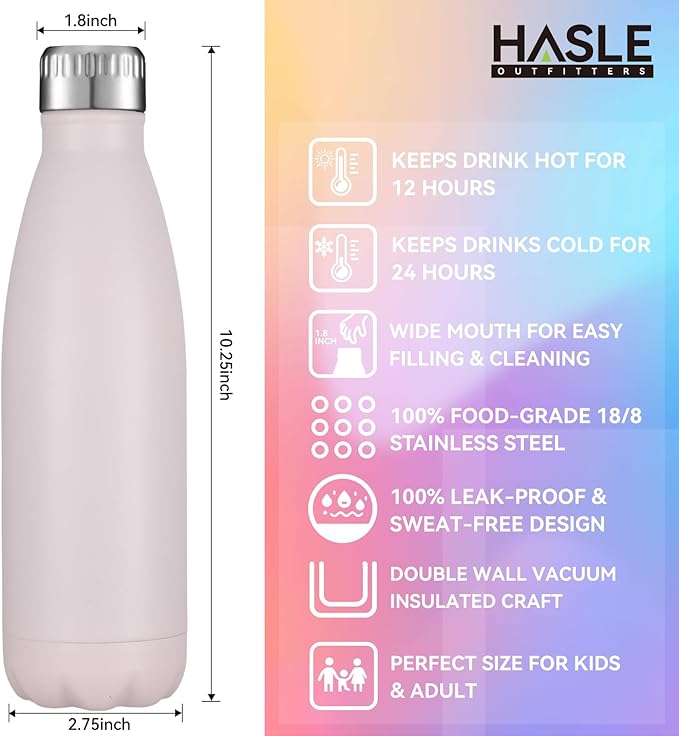 HASLE OUTFITTERS 17oz Stainless Steel Water Bottles, Vacuum Insulated Water Bottles Double Walled Powder Coated Reusable Metal Sports Water Bottles Keep Drinks Hot and Cold, Pink, 1Pack