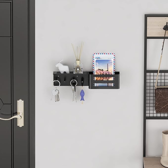 MKO Key Holder for Wall, Mail Organizer Key Rack with Tray, Key Holder Adhesive Wall Mount, 4 Hooks(Black)