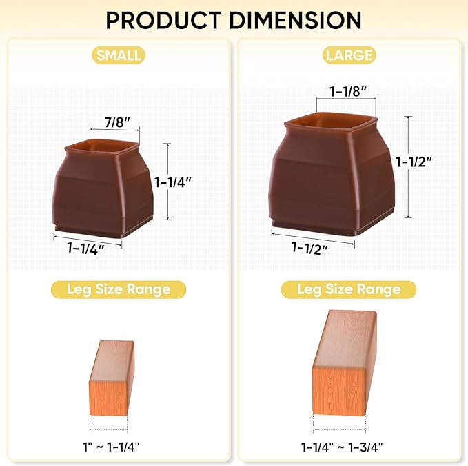 BALEINE 24 Pack Silicone Chair Leg Floor Protectors, Stool Leg Protectors Cap, Non-Slip Chair Leg Caps for Hardwood Floors (Brown & Large (Square), 24 Pack)