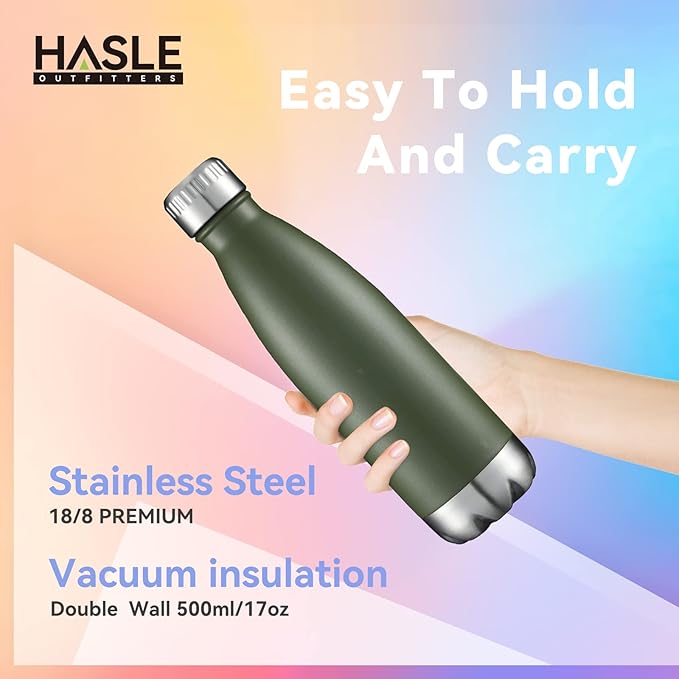 HASLE OUTFITTERS 17oz Stainless Steel Water Bottles Bulk, Vacuum Insulated Water Bottles Double Walled Powder Coated Reusable Metal Sports Water Bottles Keep Drinks Hot and Cold, ArmyGreen, 4Packs