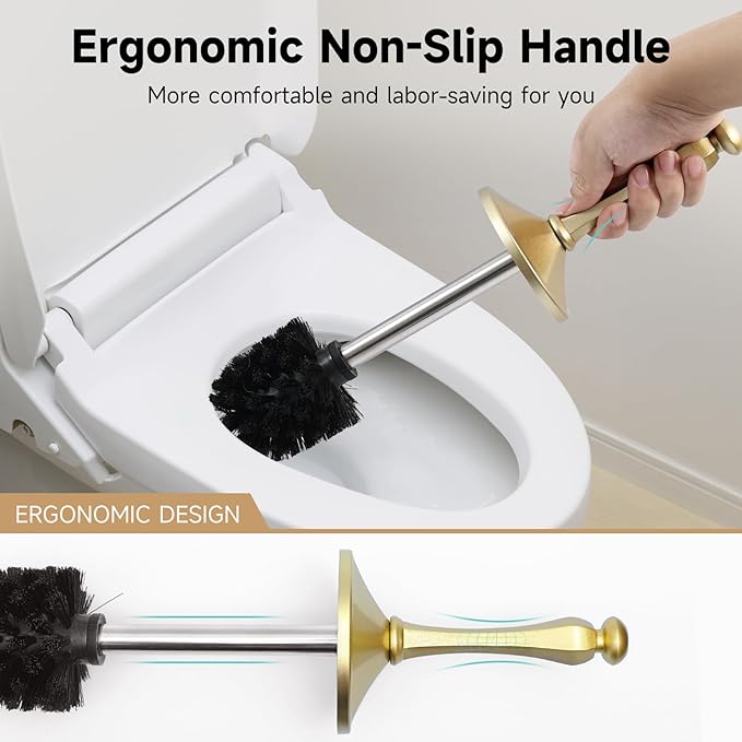 Gold Toilet Brush and Holder，Extra Long Handled Toilet Brush for Bathroom，Stainless Steel Heavy Duty Toilet Bowl Brush,Deep Cleaning Modern Toilet Cleaner Brush -Space Saving, Covered Brush, Durable