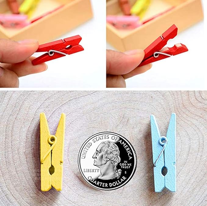 DurReus Sturdy Clothes Pegs Clamps DIY Craft Mini Colored Wood Clothespins Clip Holiday Christmas Cards with Twine Pack 50 Yellow