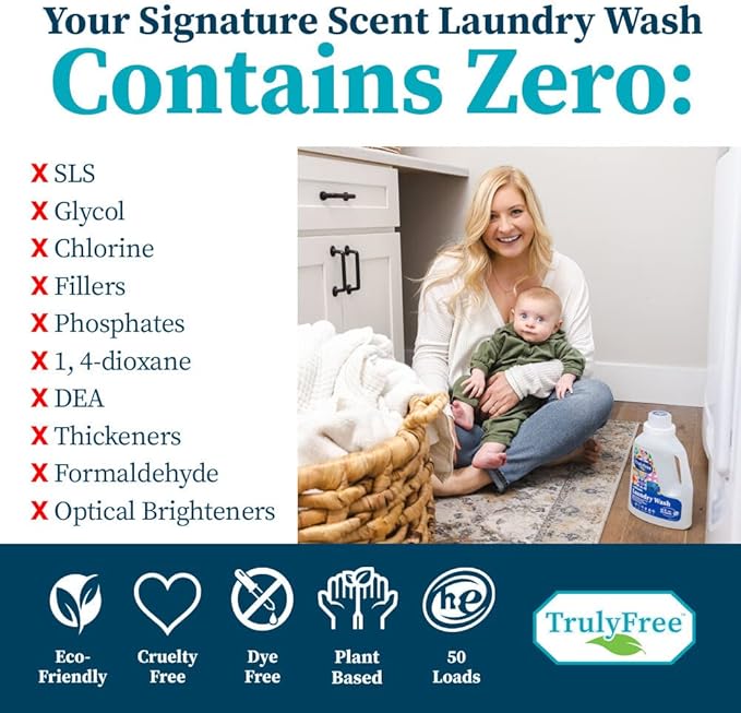 Truly Free Natural Laundry Detergent for Sensitive Skin | Eco Friendly, Plant Based, Baby Clothes Safe | Clean & Easy Powder to Liquid, 5 Pack Detergent + 1 Refillable Jug | Signature Scent 250 Loads
