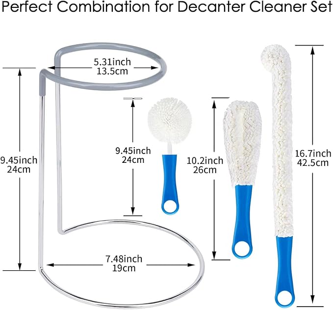 Wine Decanter Drying Stand with Cleaning Brush,Wine Decanter Drying Rack Holder with Rubber Coated Top Drainer Stand Dryer Rack for Standard Large Wine Decanters