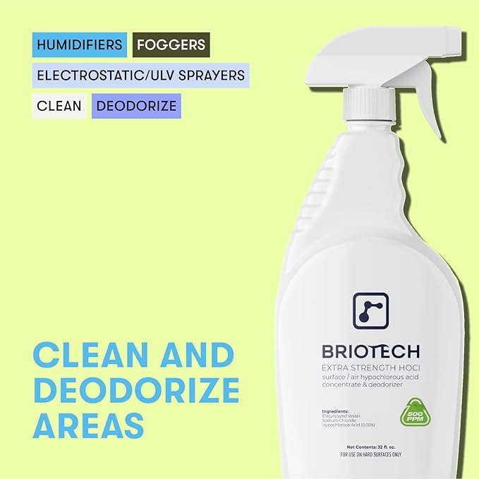 BRIOTECH Extra Strength HOCl Cleaner, 500 PPM Hypochlorous Acid Concentrate, ULV Foggers & Humidifiers, Professional Deodorizer for Dental, Offices, Schools, Homes, Peroxide Free, 32 fl oz