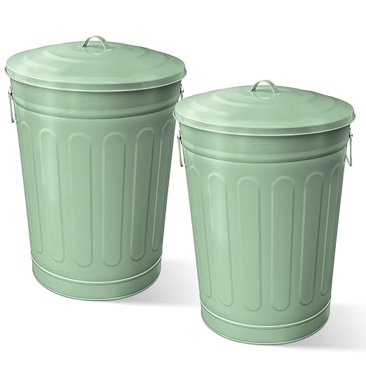 Plexon Round Trash Can 13 Gallon, Vintage Metal Outdoor Trash Can with Lid, Retro Farmhouse Garbage Container, Old School Modern Ash Bucket, Green 2 Pack