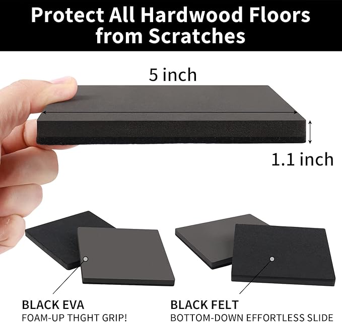Ezprotekt 5" Square Felt Furniture Movers Sliders for Hardwood Floors, 8 Pcs Reusable Felt Furniture Moving Pads for Heavy Duty Bed Sofa Fridge Couch, Move Item Easily and Quickly (Black)
