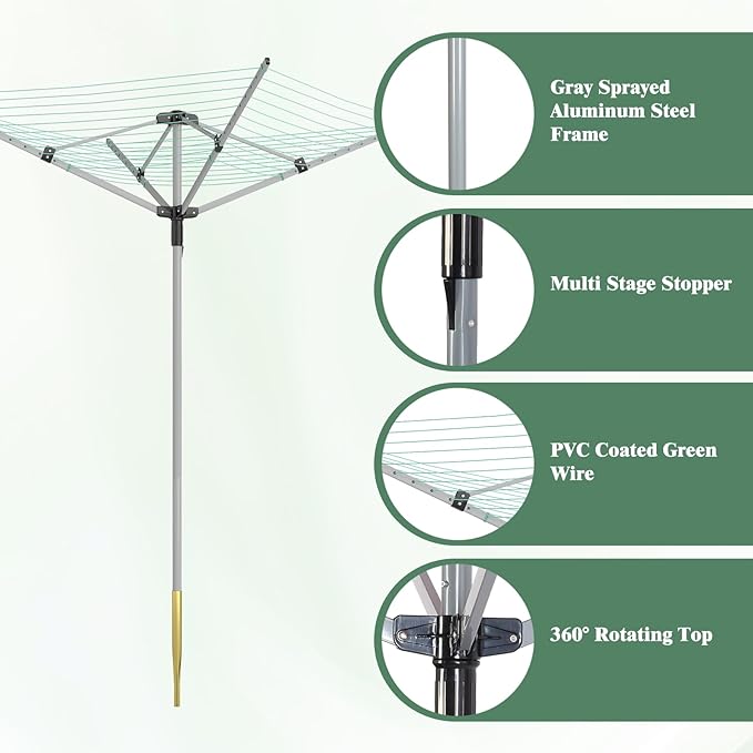 Outdoor Umbrella Drying Rack 165 Feet Umbrella Clothesline with 12 Lines Rotary Drying Rack Adjustable Height 4-Arm Foldable Clothes Drying Rack with Protective Cover for Backyard- Green
