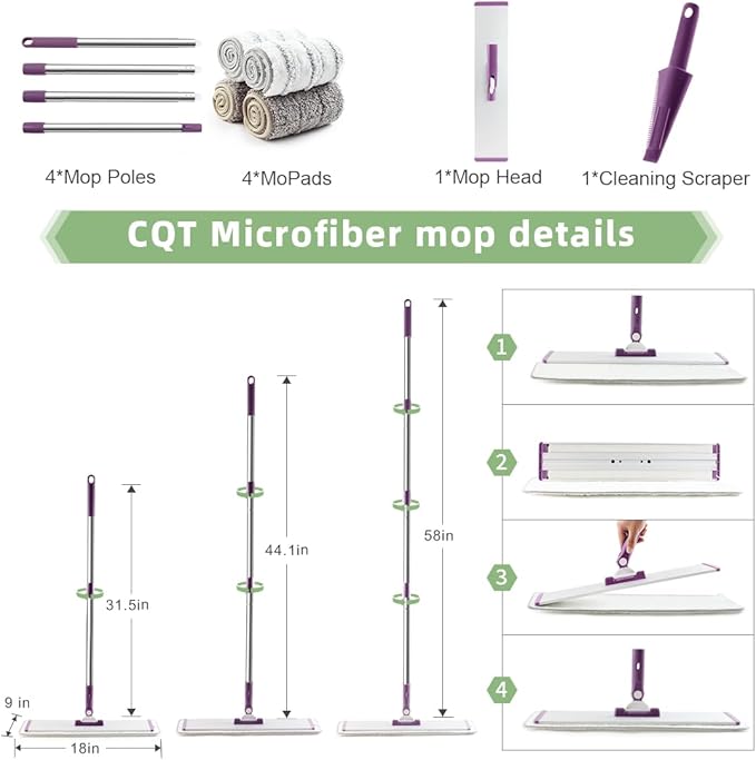 CQT Commercial Flat Microfiber Floor Mop Cleaning System 18" Inch Wet Dry and Dust Hardwood with 4 Washable Pads Cleaner for Laminate Tile Stainless Steel Handle and Extension (PT13-WET)