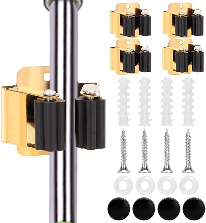 4pcs Anti-Slip Broom and Mop Holder,Wall Mounted Utility Rack with Screws,Stainless Steel Heavy Duty Mop and Broom Hanger,Space-Saving for Kitchen,Home,Bathroom,Garden,Garage Storage.Gold