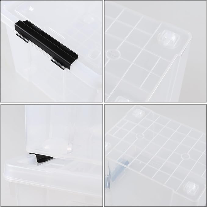35 Quart Latching Storage Box with Wheels, See-Through Base Plastic Container Bins with Secure Latching Lid, Black Latch, (4-Pack)
