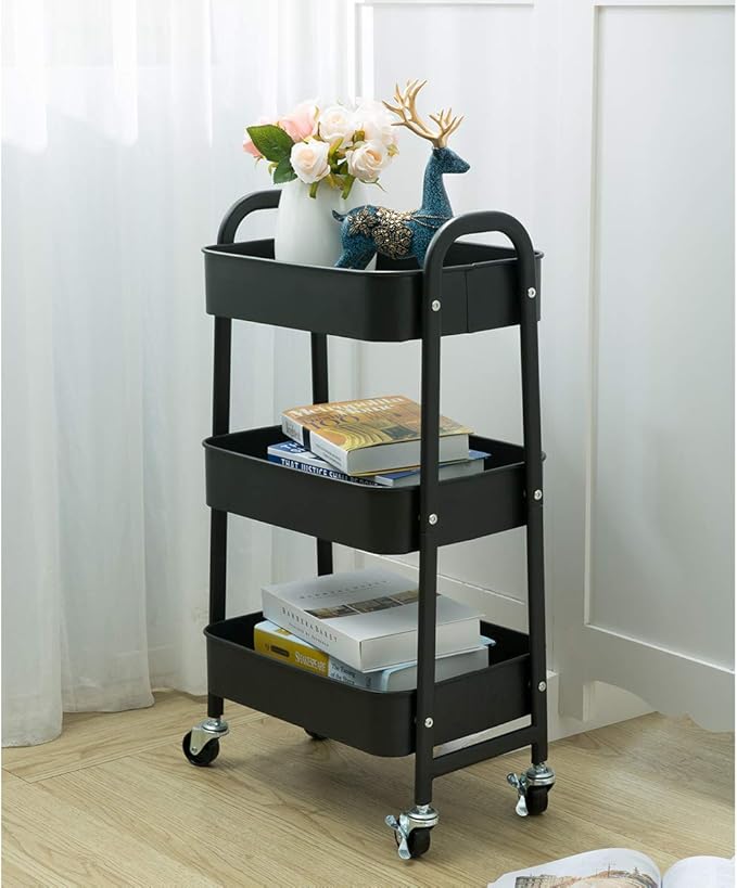 AGTEK Makeup Cart, Movable Rolling Organizer Cart, Black 3 Tier Metal Utility Cart