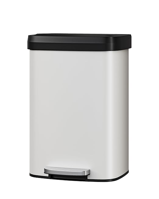 Garvee 13 Gallon / 50 Liter Metal Trash Can with Lid, Large Garbage Can for Kitchen, Rustproof Step-on Kitchen Metal Trash Bin with Liner Rim, Rear Handle, Soft Close Plastic Lid, White