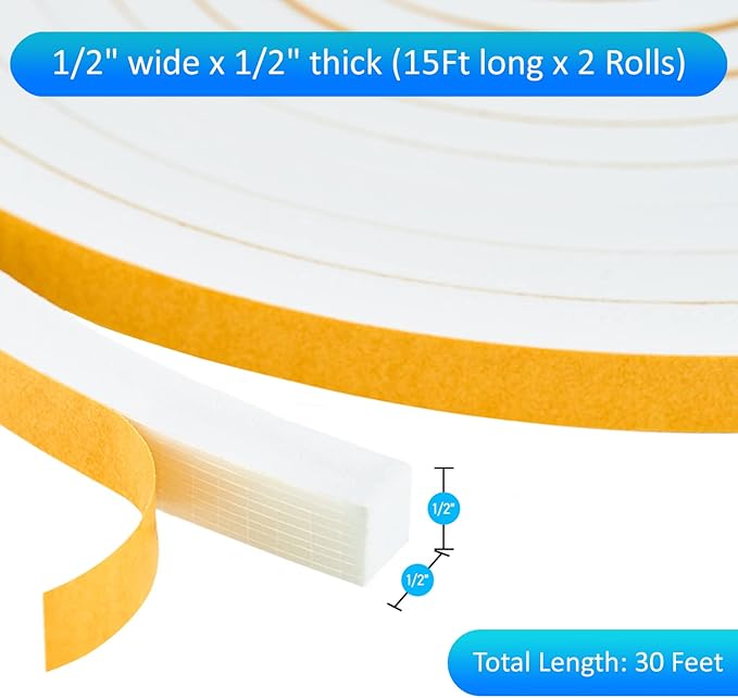 High Density Foam Weather Stripping Door Seal Strip Insulation Tape Roll for Insulating Door Frame, Window, Air Conditioner | Self Adhesive Sealing Weatherstrip (White, 1/2 in x 1/2 in x 30Ft)